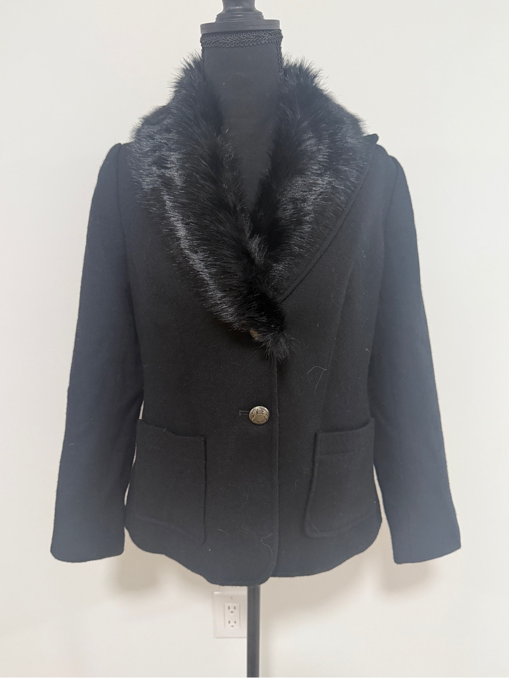 Talbots Removable Shawl Collar Faux Fur Wool Black Jacket Blazer Vintage Capsule